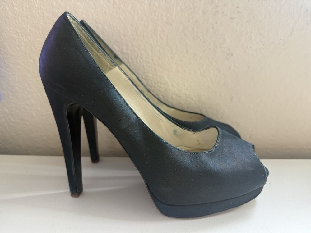 Stuart Weitzman Women’s 10M Teal Satin Peep Toe Platform Stiletto Heels Pumps